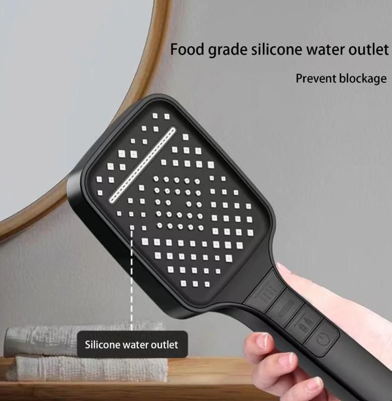 Large 7-mode shower head by 1h8x0d-zb showing various spray settings and sleek chrome finish.