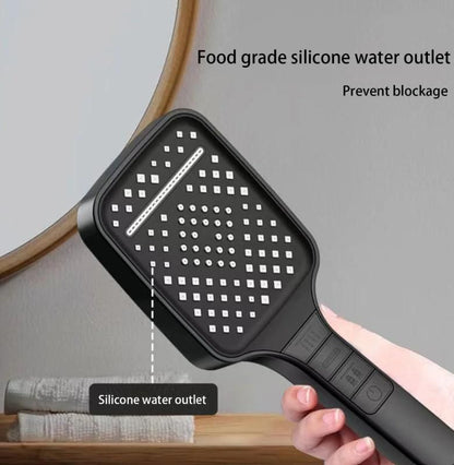 Large 7-mode shower head by 1h8x0d-zb showing various spray settings and sleek chrome finish.