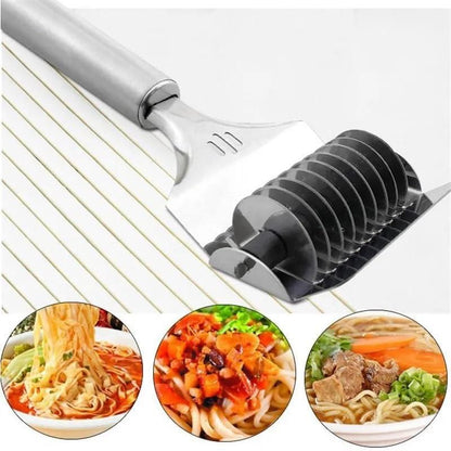 Stainless steel handheld dough and manual noodle pasta cutter tool from 1h8x0d-zb on a wooden countertop.