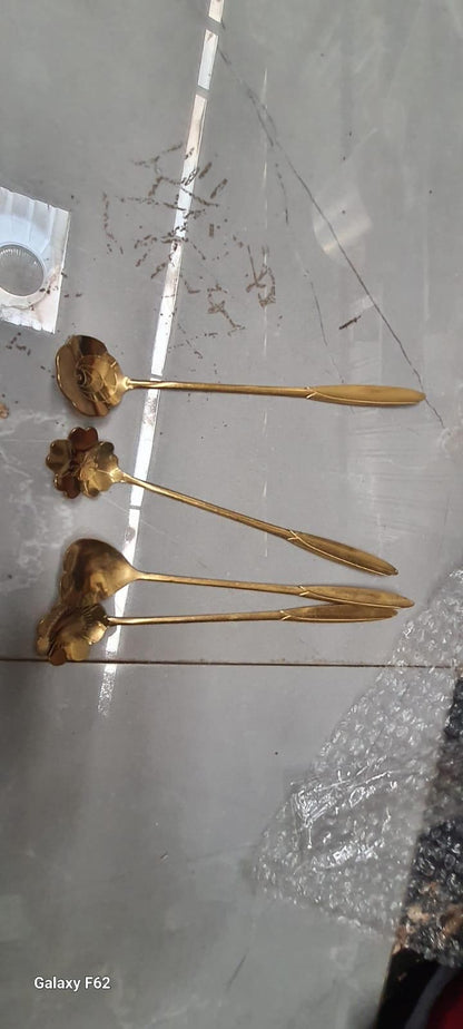 Golden floral spoon set of 4 featuring sunflower, rose, lily, and daisy designs by 1h8x0d-zb on a neutral background.