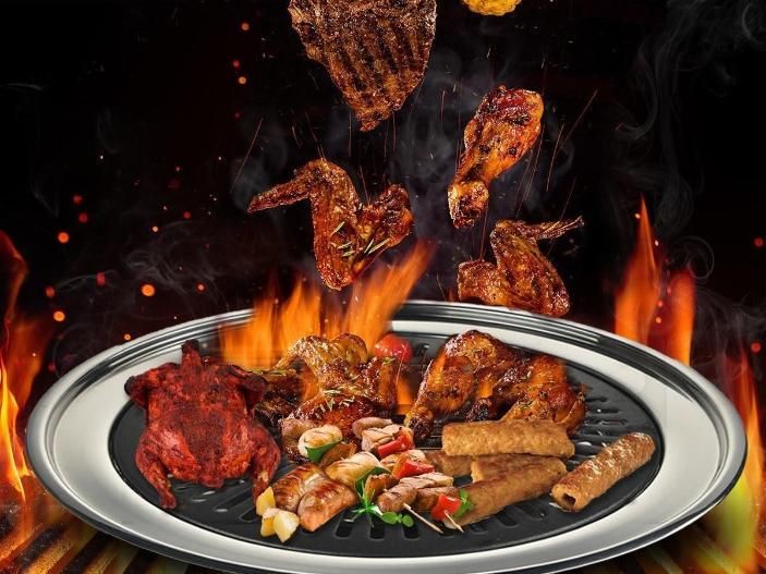 Indoor gas smokeless barbeque grill by 1h8x0d-zb with cooking surface and control knobs visible in the image.