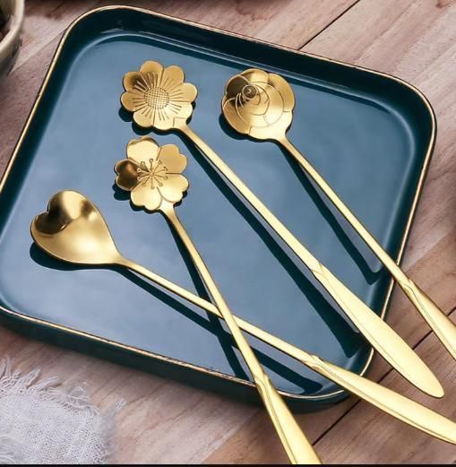 Golden floral spoon set of 4 featuring sunflower, rose, lily, and daisy designs by 1h8x0d-zb.