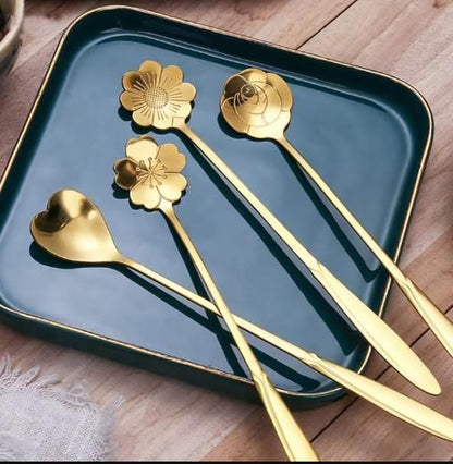 Golden floral spoon set of 4 featuring sunflower, rose, lily, and daisy designs by 1h8x0d-zb.