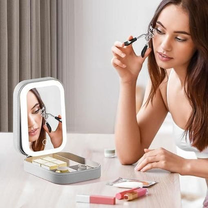 White jewelry box with LED mirror, showcasing elegant design and spacious interior for organizing accessories.