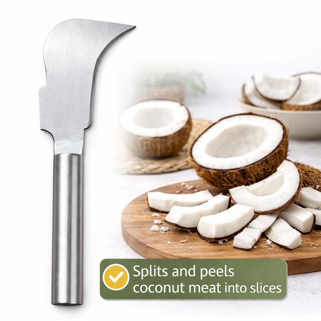 Stainless steel coconut splitter knife by 1h8x0d-zb with a sharp blade and ergonomic handle for easy coconut opening.