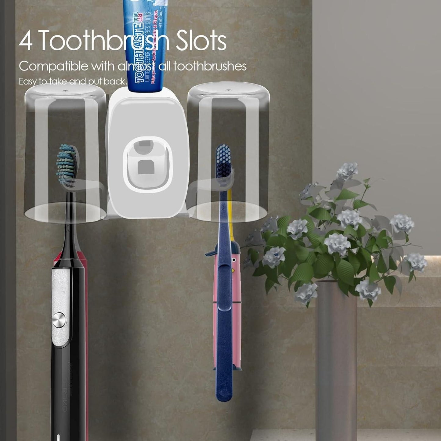Wall-mounted toothbrush holders set with toothpaste dispenser by 1h8x0d-zb, showcasing sleek design and organized storage.