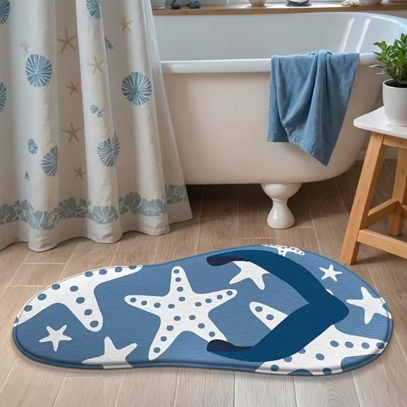 Starfish design floor mat with a slipper pattern, measuring 45x90 cm, by brand 1h8x0d-zb, displayed on a wooden floor.