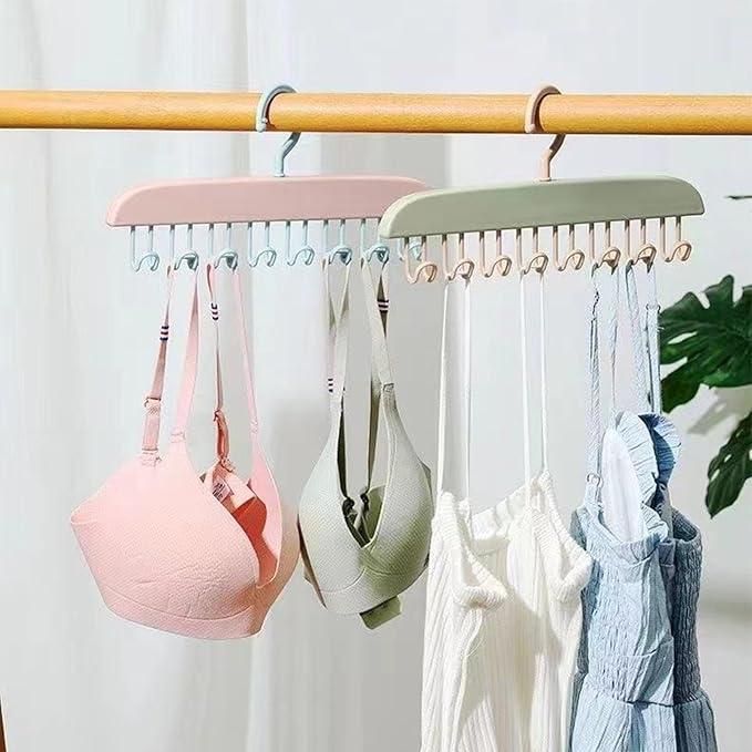 Multifunctional plastic hanger with metal hooks, pack of 2, showcasing versatile design for clothing storage.