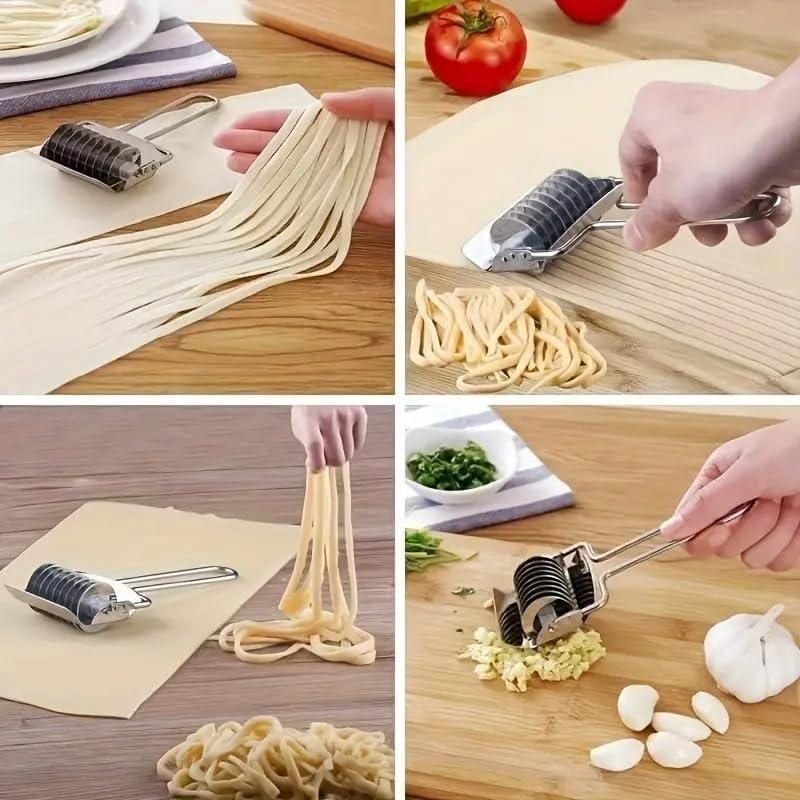 Stainless steel handheld dough and manual noodle pasta cutter tool by 1h8x0d-zb on a wooden surface.