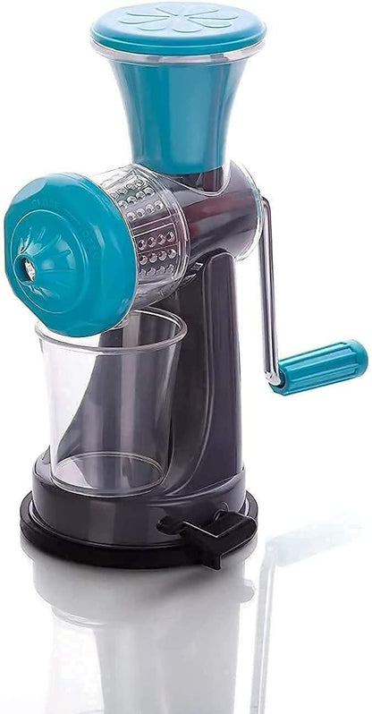 Manual hand juicer with steel handle, showcasing juicing fruits in a kitchen setting by 1h8x0d-zb.