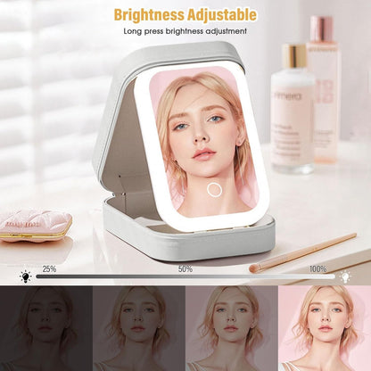 White jewelry box with LED mirror, featuring elegant design and spacious compartments for organized storage.