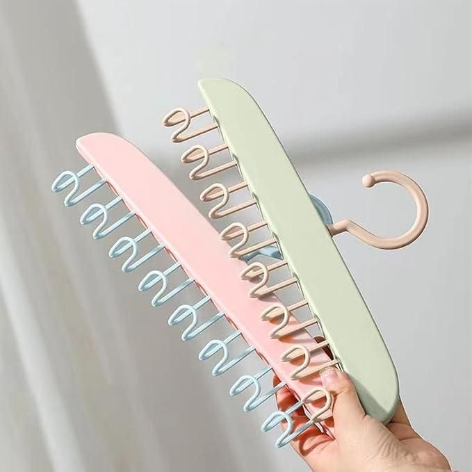 Multifunctional plastic hanger with metal hooks, pack of 2, showing sturdy design and versatile hanging options.