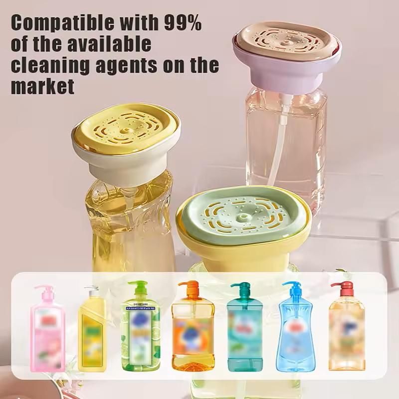 Foaming dish washing liquid bottle with press dispenser from 1h8x0d-zb, showcasing its ergonomic design and clear liquid.