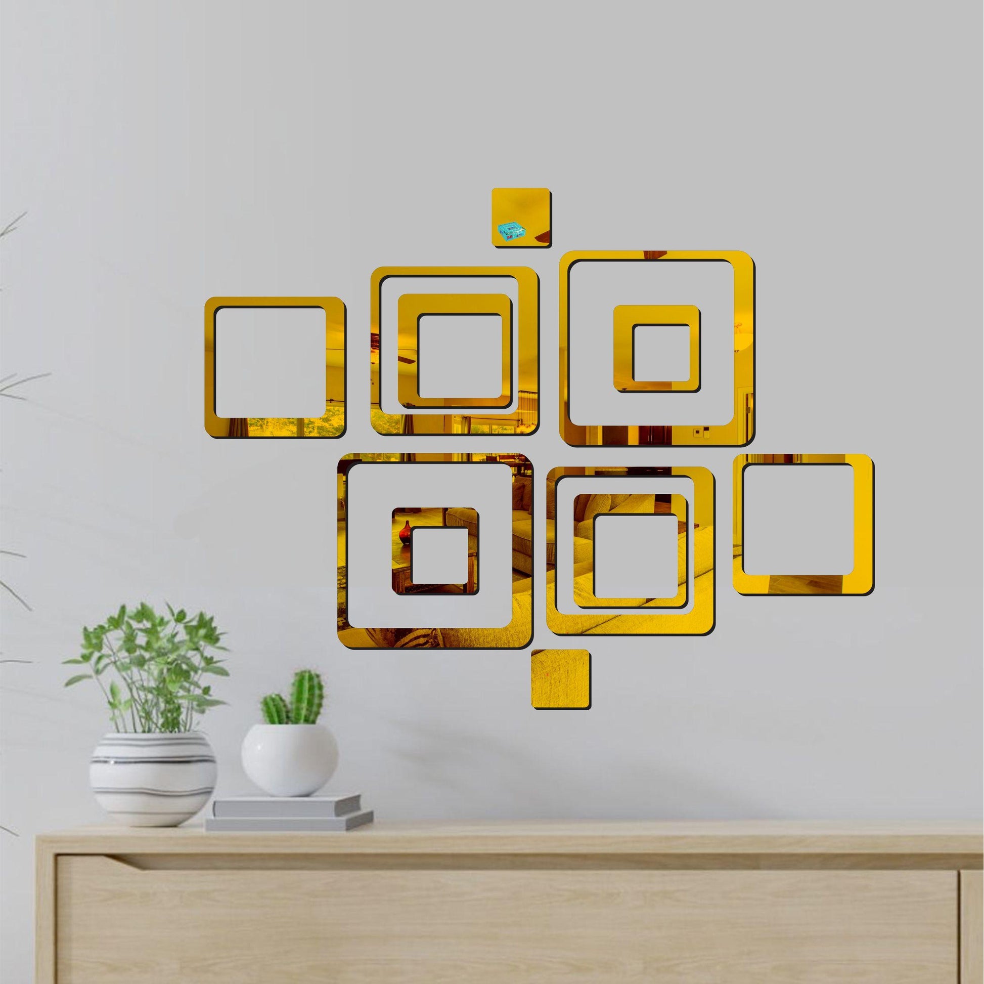 3D acrylic mirror wall sticker decoration by 1h8x0d-zb, showcasing geometric designs on a stylish wall backdrop.