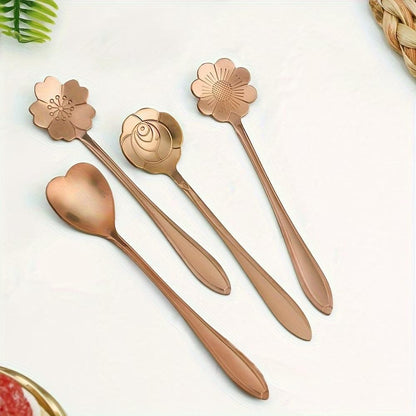 Golden floral spoon set of 4 featuring sunflower, rose, lily, and daisy designs by 1h8x0d-zb.