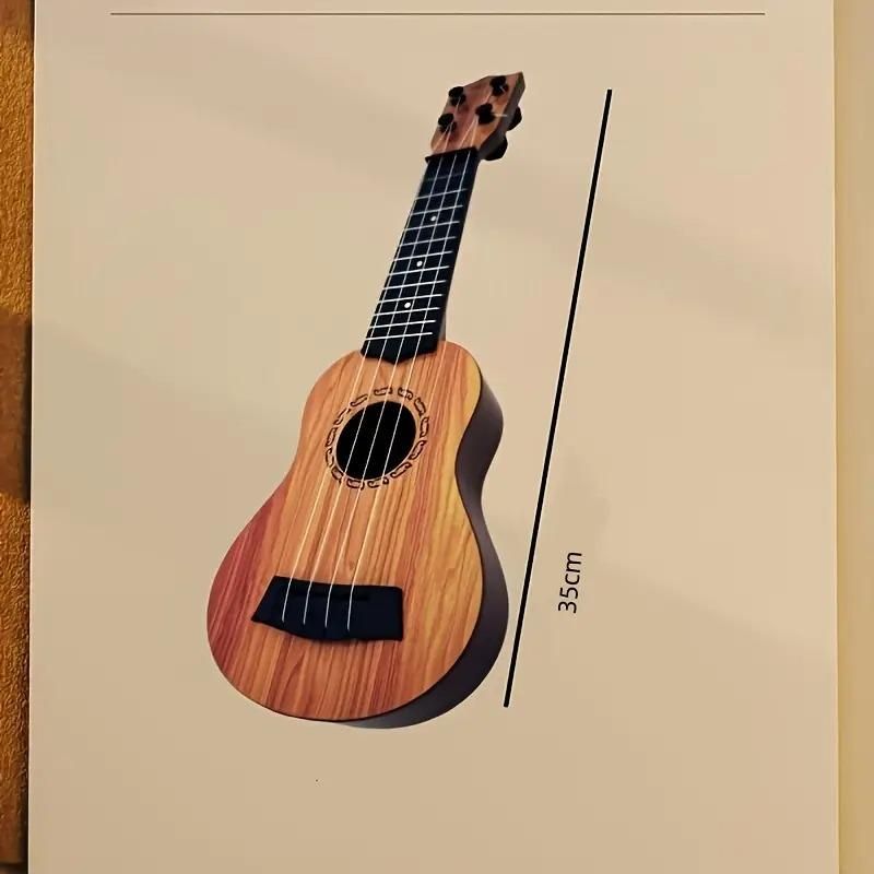 Mini wooden finish plastic guitar with 4 strings, showcasing a clear sound and sleek design by 1h8x0d-zb.