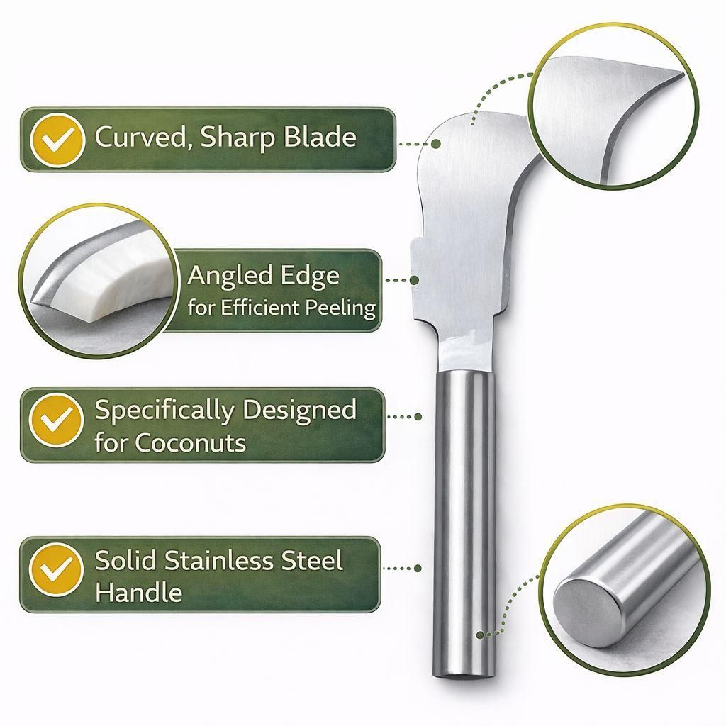Stainless steel coconut splitter knife by 1h8x0d-zb with a curved blade and ergonomic handle for easy coconut opening.