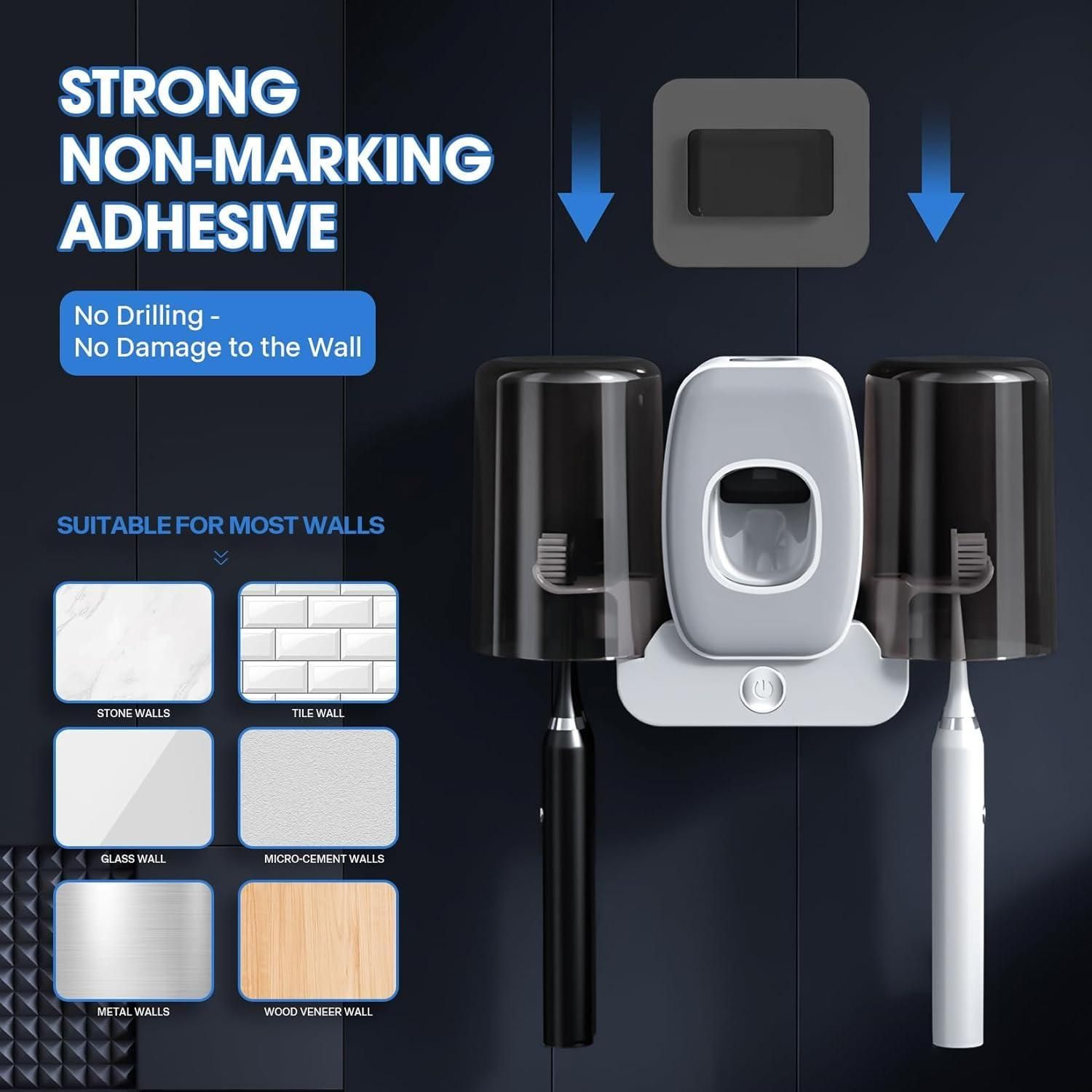 Wall-mounted toothbrush holders set with toothpaste dispenser by 1h8x0d-zb, showcasing sleek design and functional features.