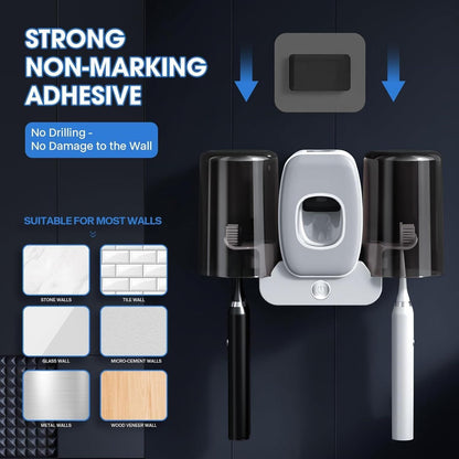 Wall-mounted toothbrush holders set with toothpaste dispenser by 1h8x0d-zb, showcasing sleek design and functional features.