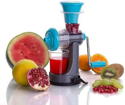 Manual hand juicer with steel handle, designed for extracting juice from fruits, showcasing a sturdy construction.