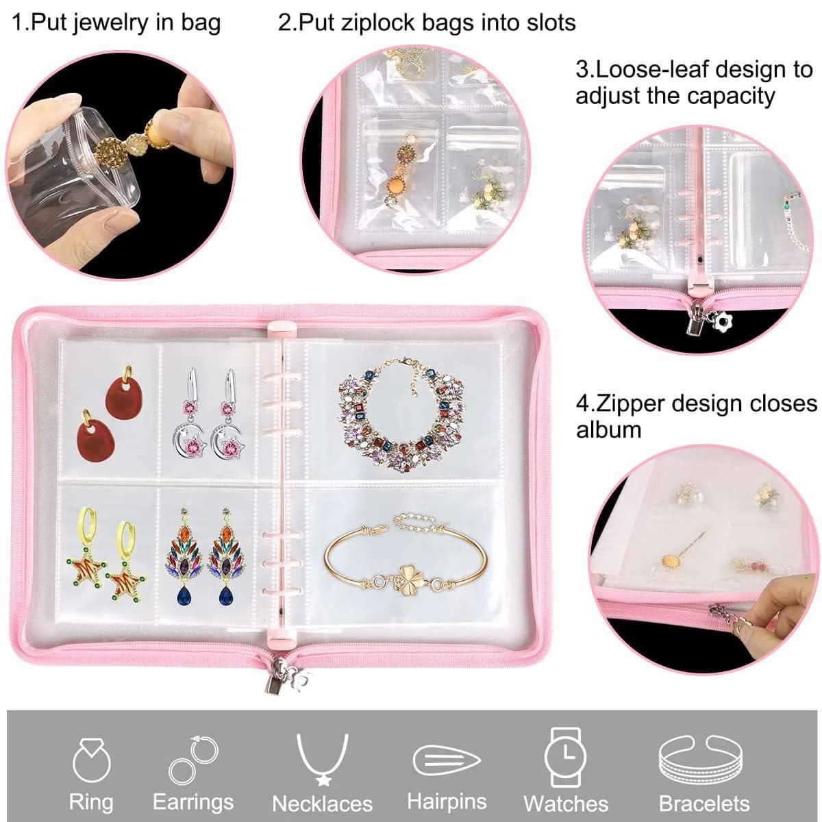 Transparent jewellery book with 60 pockets, showcasing a clear cover and organized compartments for storing accessories.