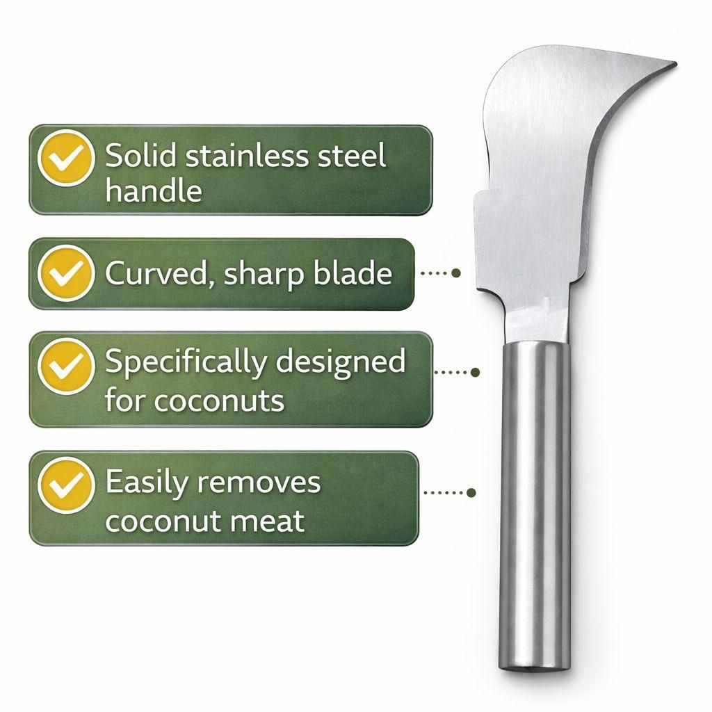 Stainless steel coconut splitter knife from 1h8x0d-zb with a sharp blade and ergonomic handle for easy coconut opening.