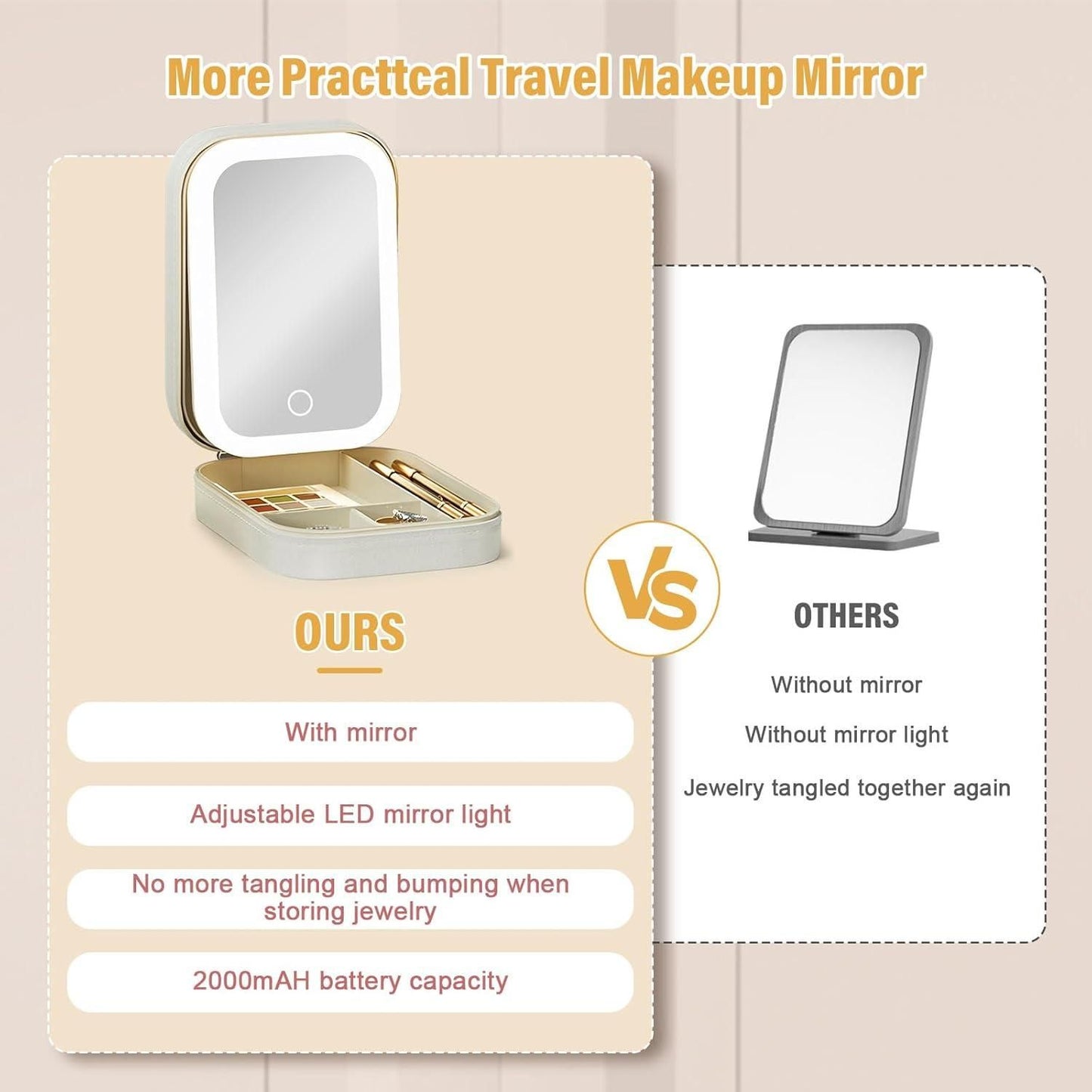 White jewelry box with LED mirror, featuring a sleek design and spacious compartments for organizing accessories.