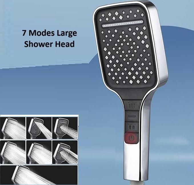 1h8x0d-zb 7 modes large shower head with a sleek design and adjustable spray settings, mounted in a modern bathroom setting.