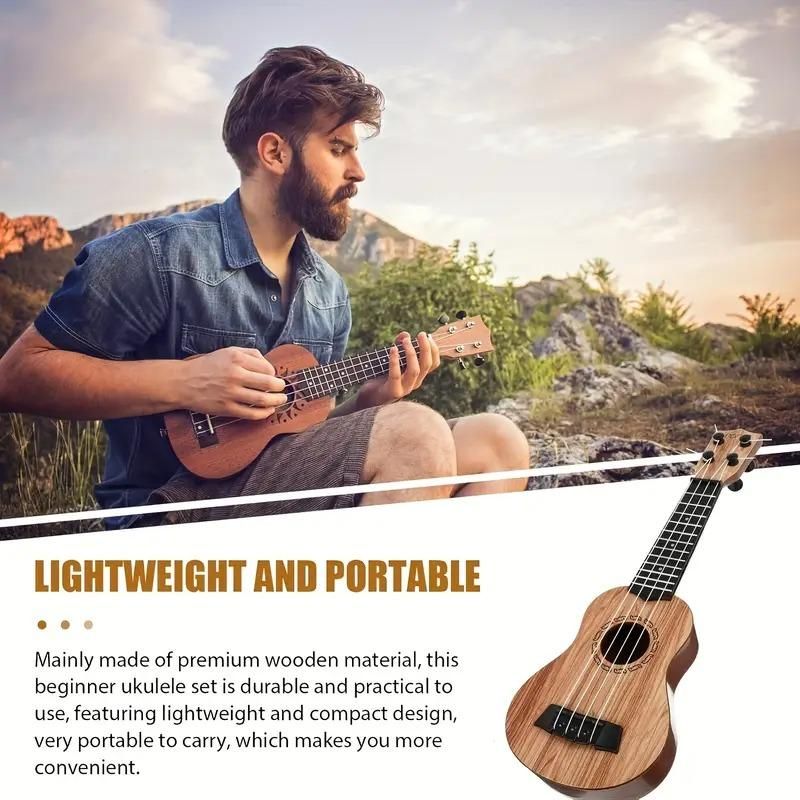 Mini wooden finish plastic guitar by 1h8x0d-zb with four strings, showcasing its clear sound and compact design.