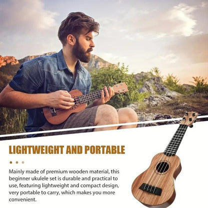Mini wooden finish plastic guitar by 1h8x0d-zb with four strings, showcasing its clear sound and compact design.